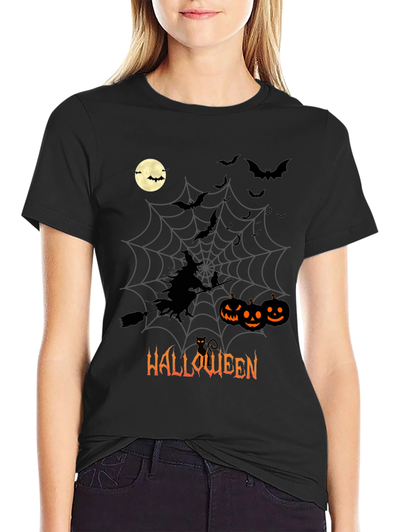 Halloween Witch & Pumpkins Black T-Shirt