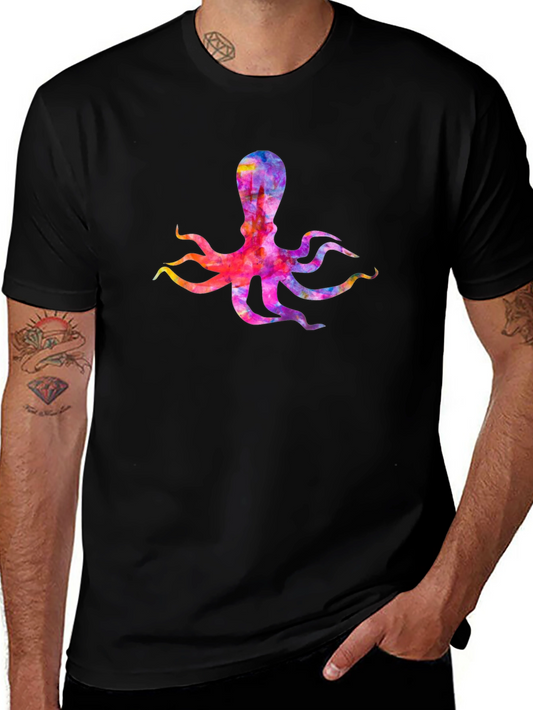 Colorful Octopus Graphic T-Shirt - Black Cotton Tee