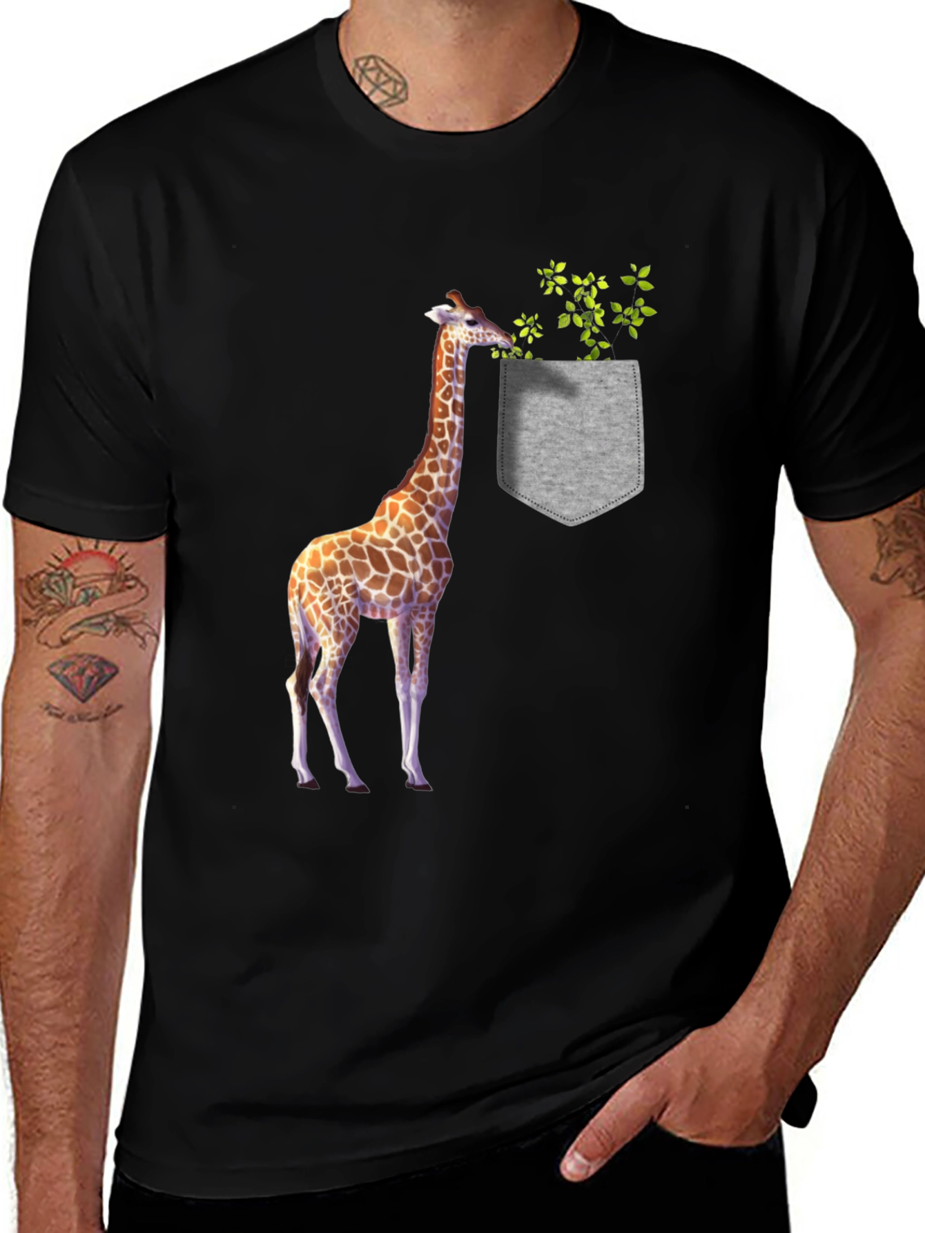 Giraffe in Pocket Graphic Tee - Black Cotton T-Shirt