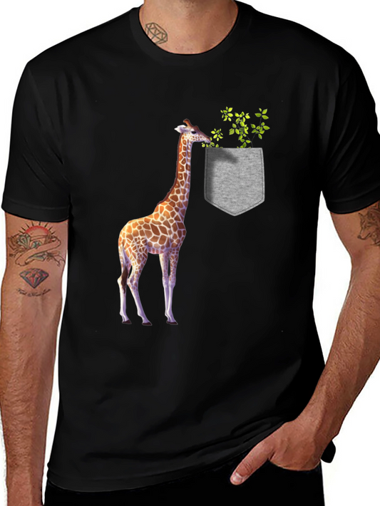 Giraffe in Pocket Graphic Tee - Black Cotton T-Shirt