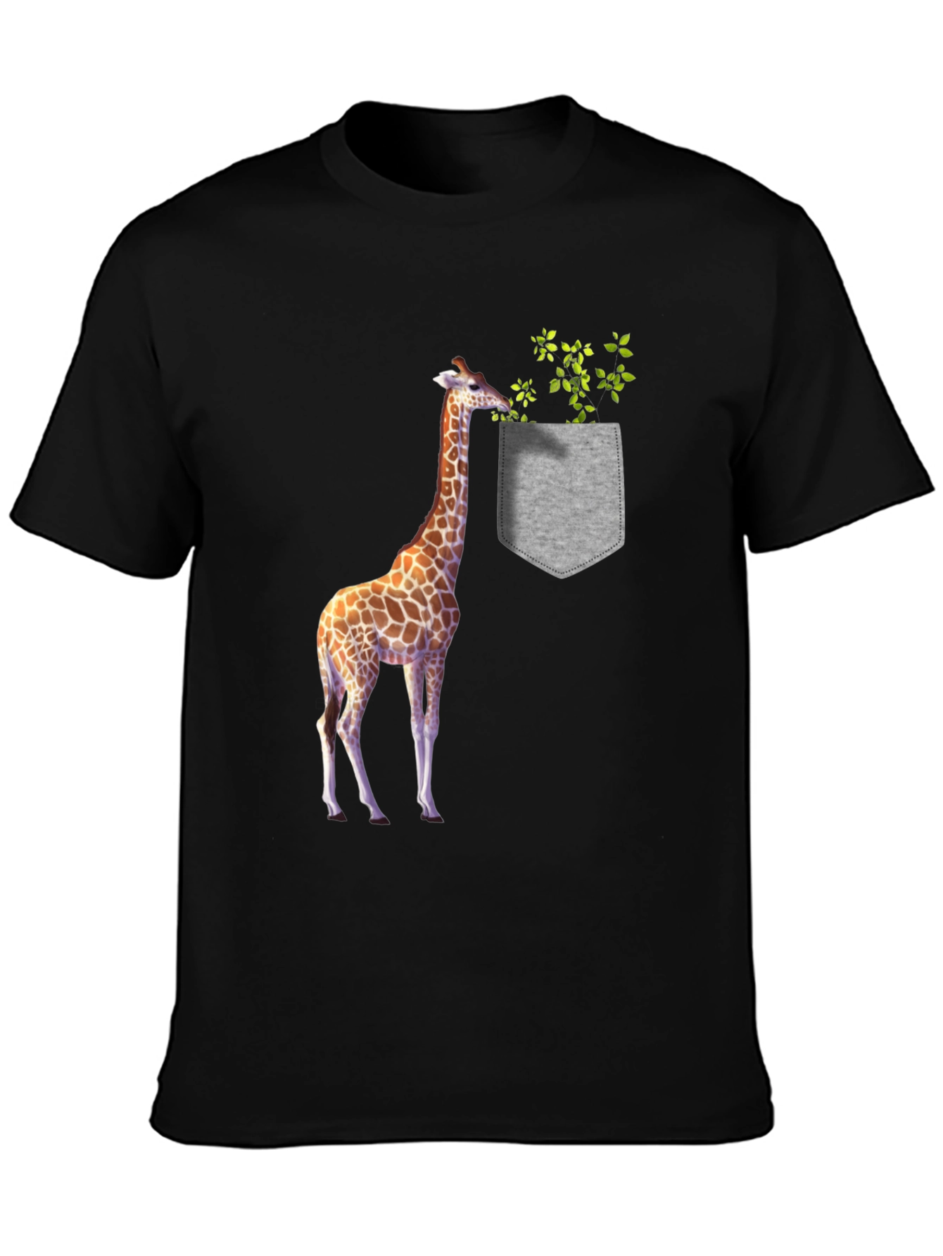 Giraffe in Pocket Graphic Tee - Black Cotton T-Shirt