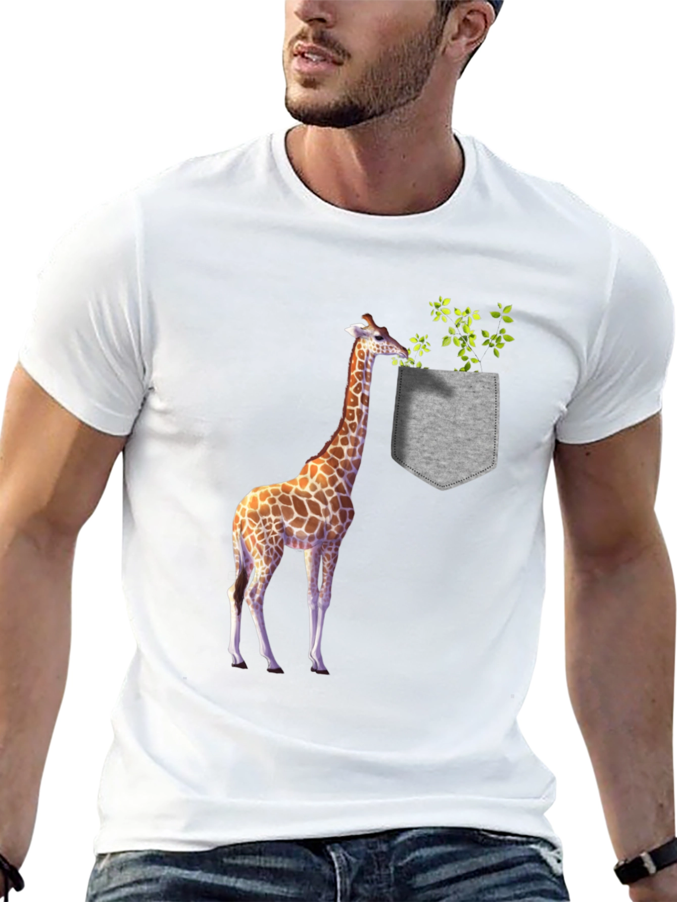 Giraffe in Pocket Graphic Tee - Black Cotton T-Shirt