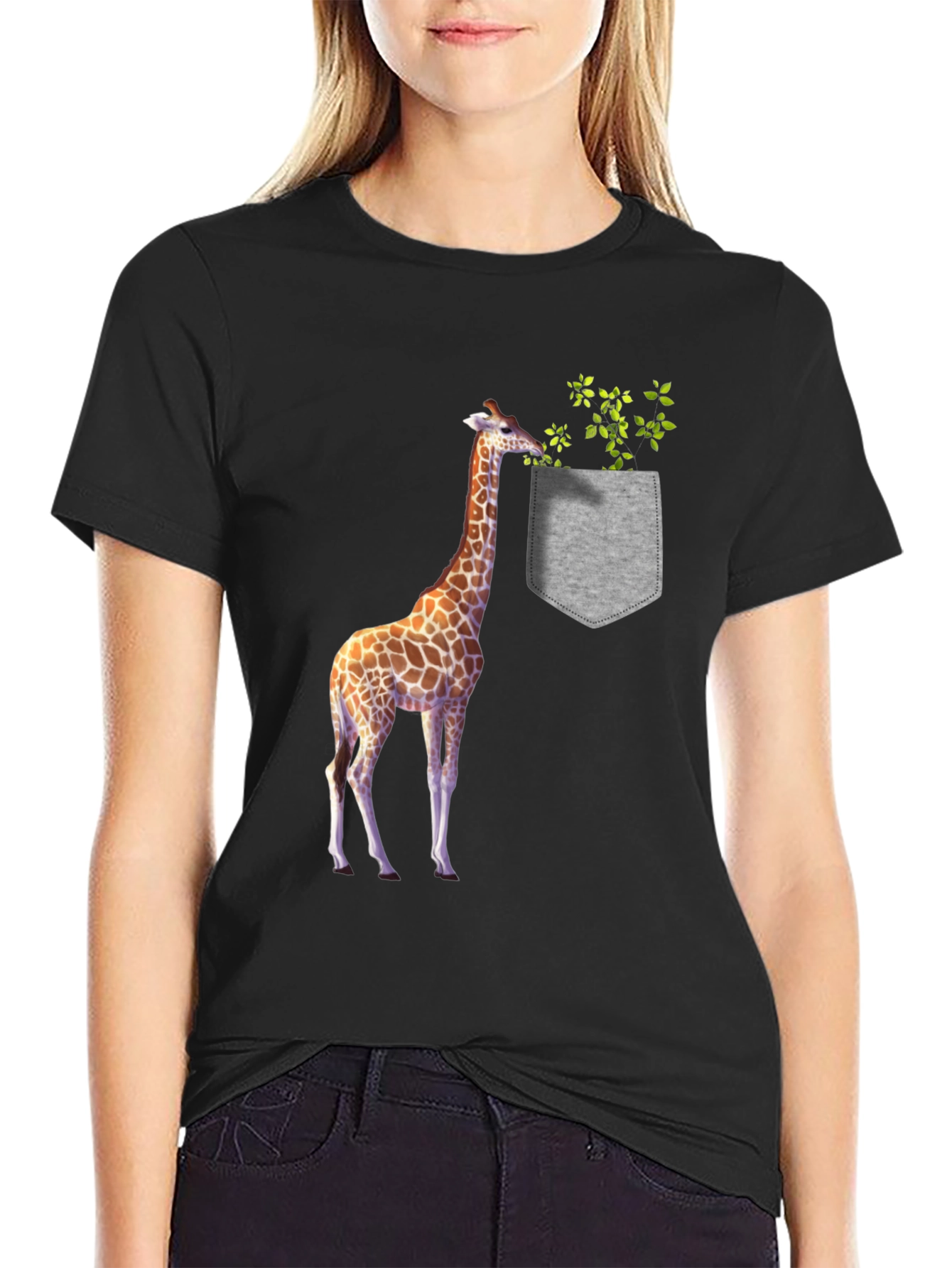 Giraffe in Pocket Graphic Tee - Black Cotton T-Shirt