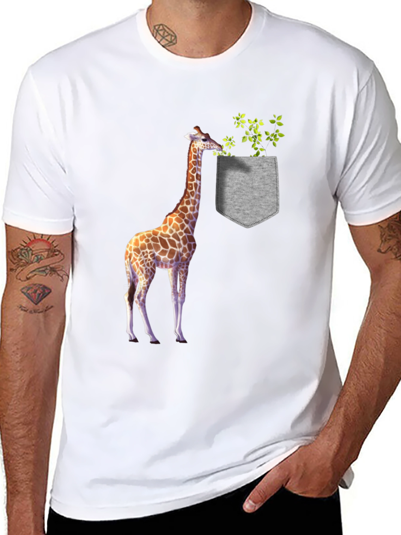 Giraffe in Pocket Graphic Tee - Black Cotton T-Shirt