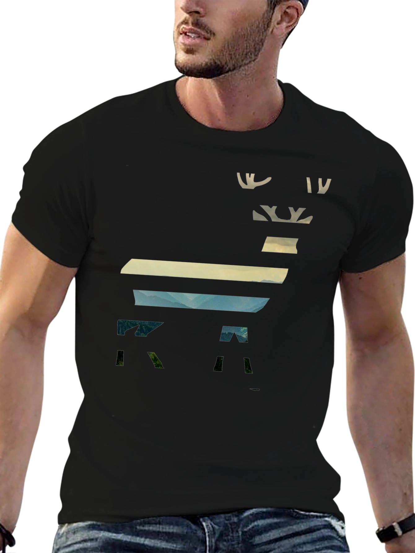 Abstract Deer Graphic Mens Black T-Shirt