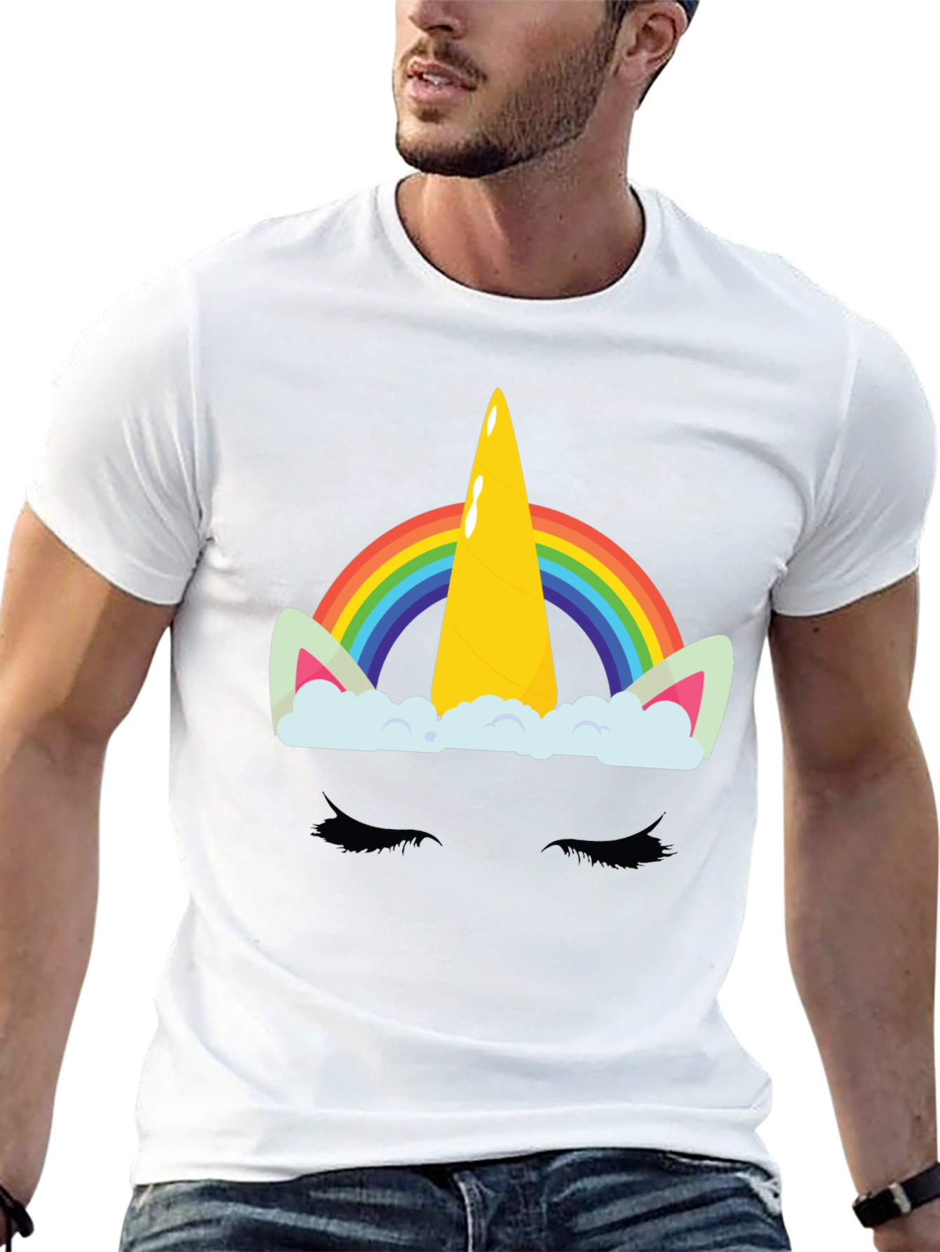 Rainbow Unicorn Graphic Print Black T-Shirt