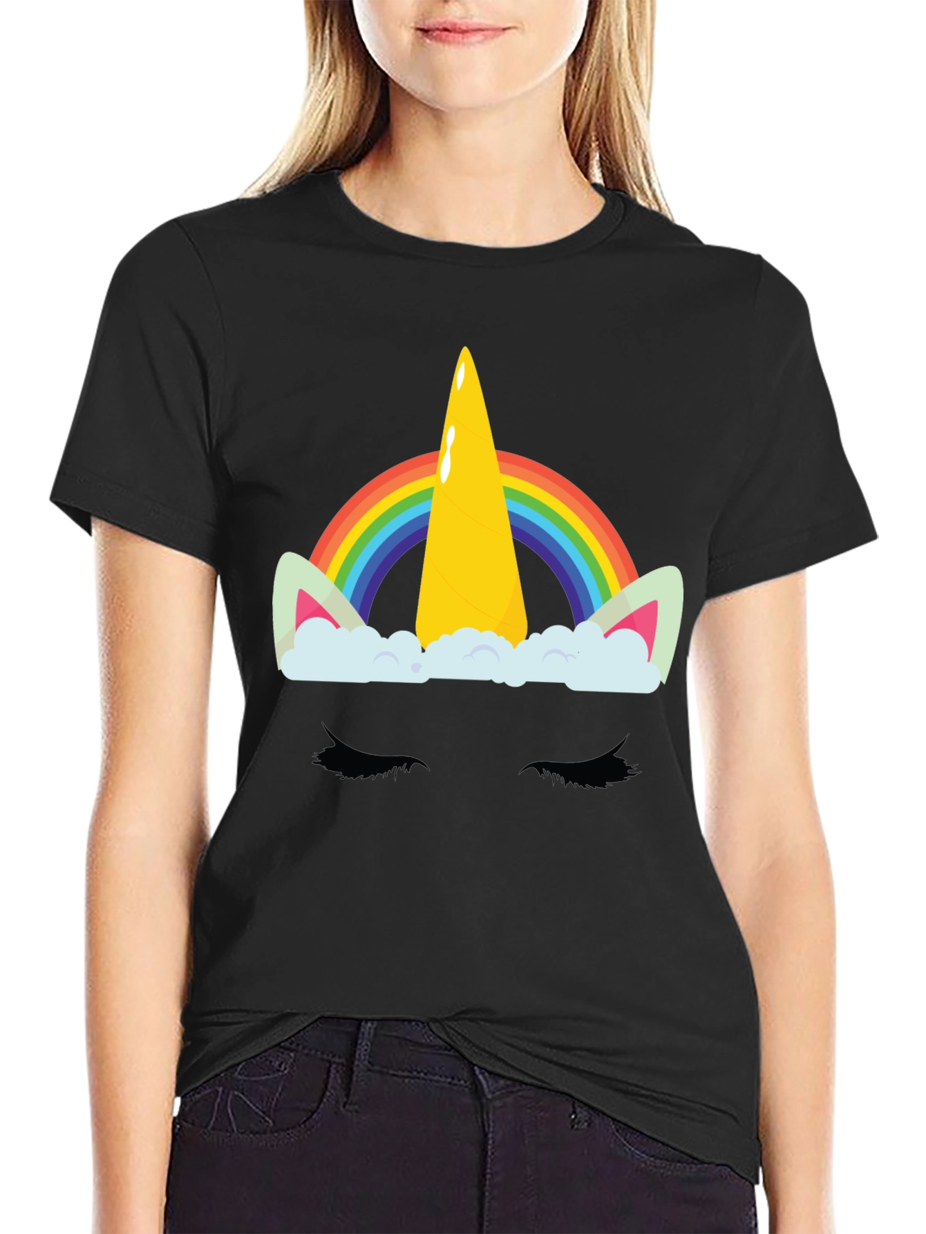 Rainbow Unicorn Graphic Print Black T-Shirt