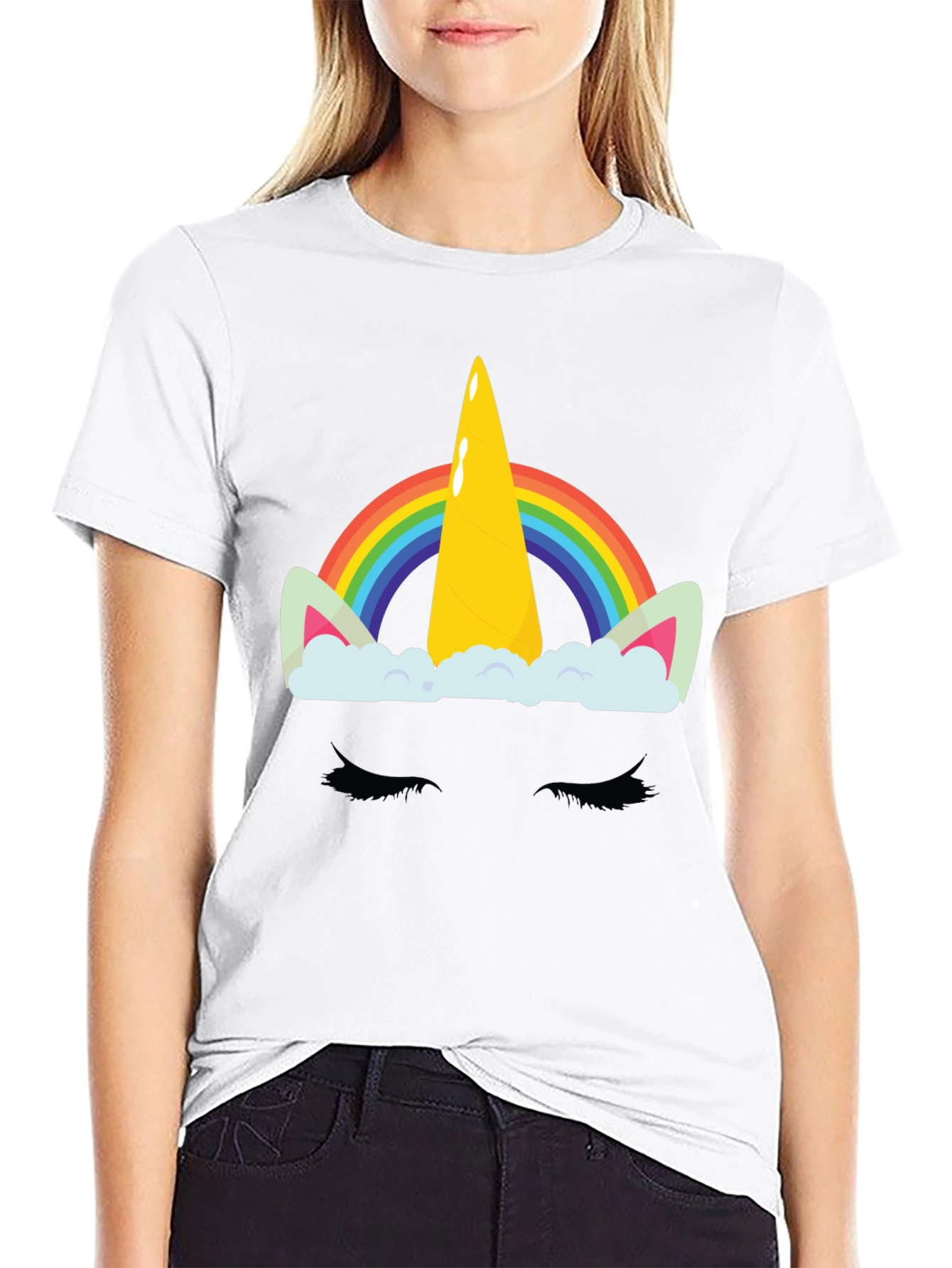 Rainbow Unicorn Graphic Print Black T-Shirt