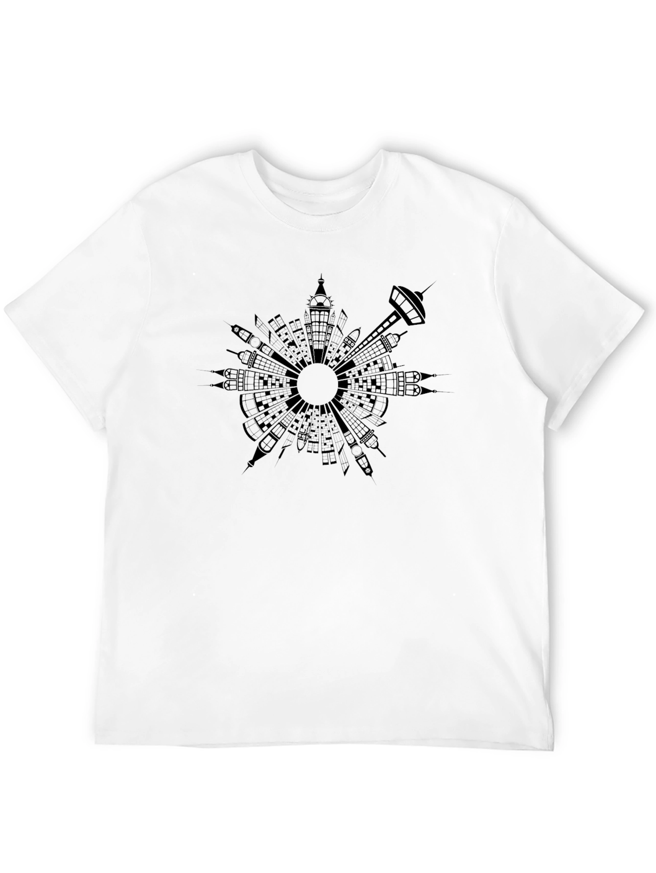 Black T-Shirt with Cityscape Circle Design