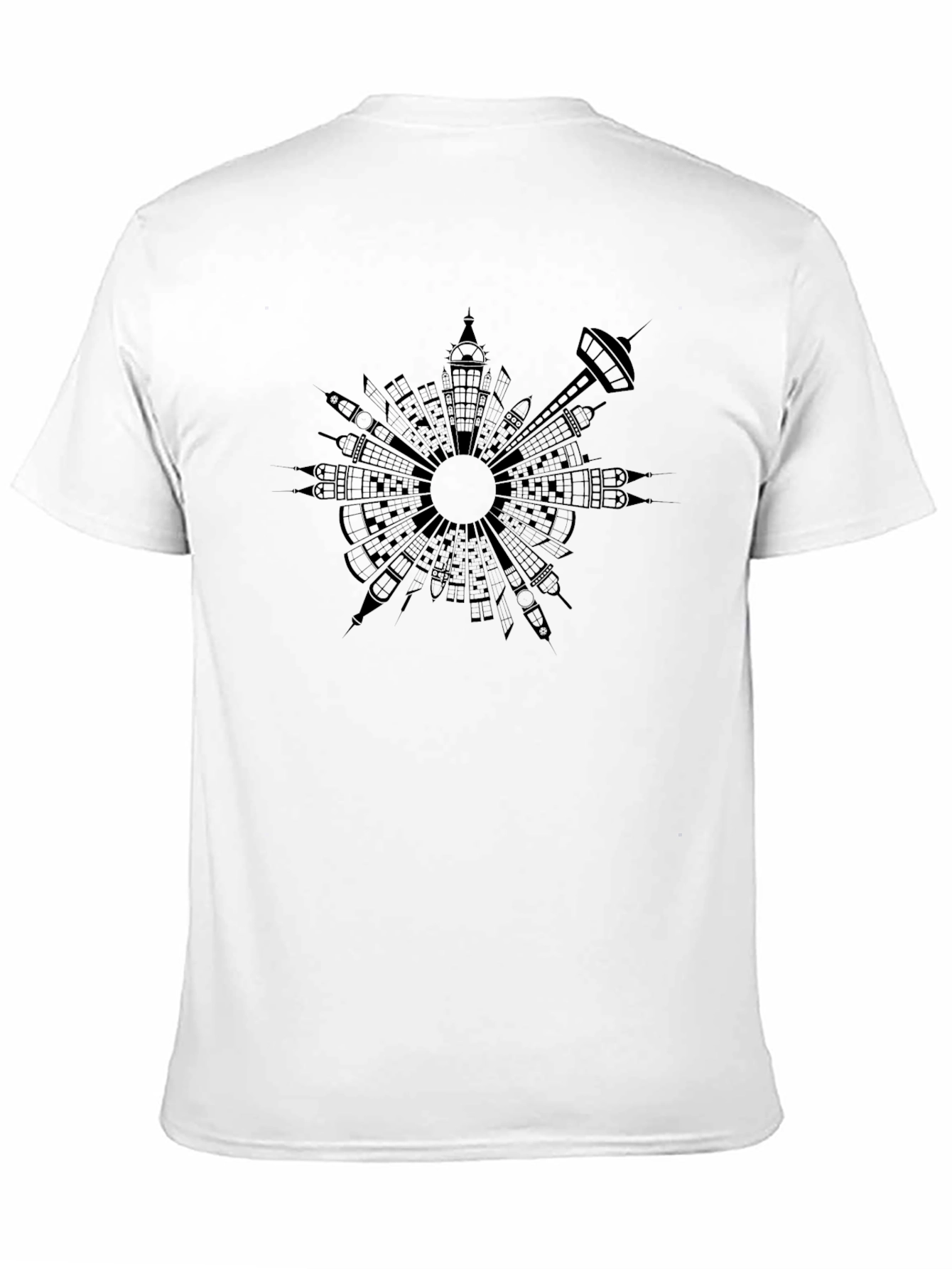 Black T-Shirt with Cityscape Circle Design