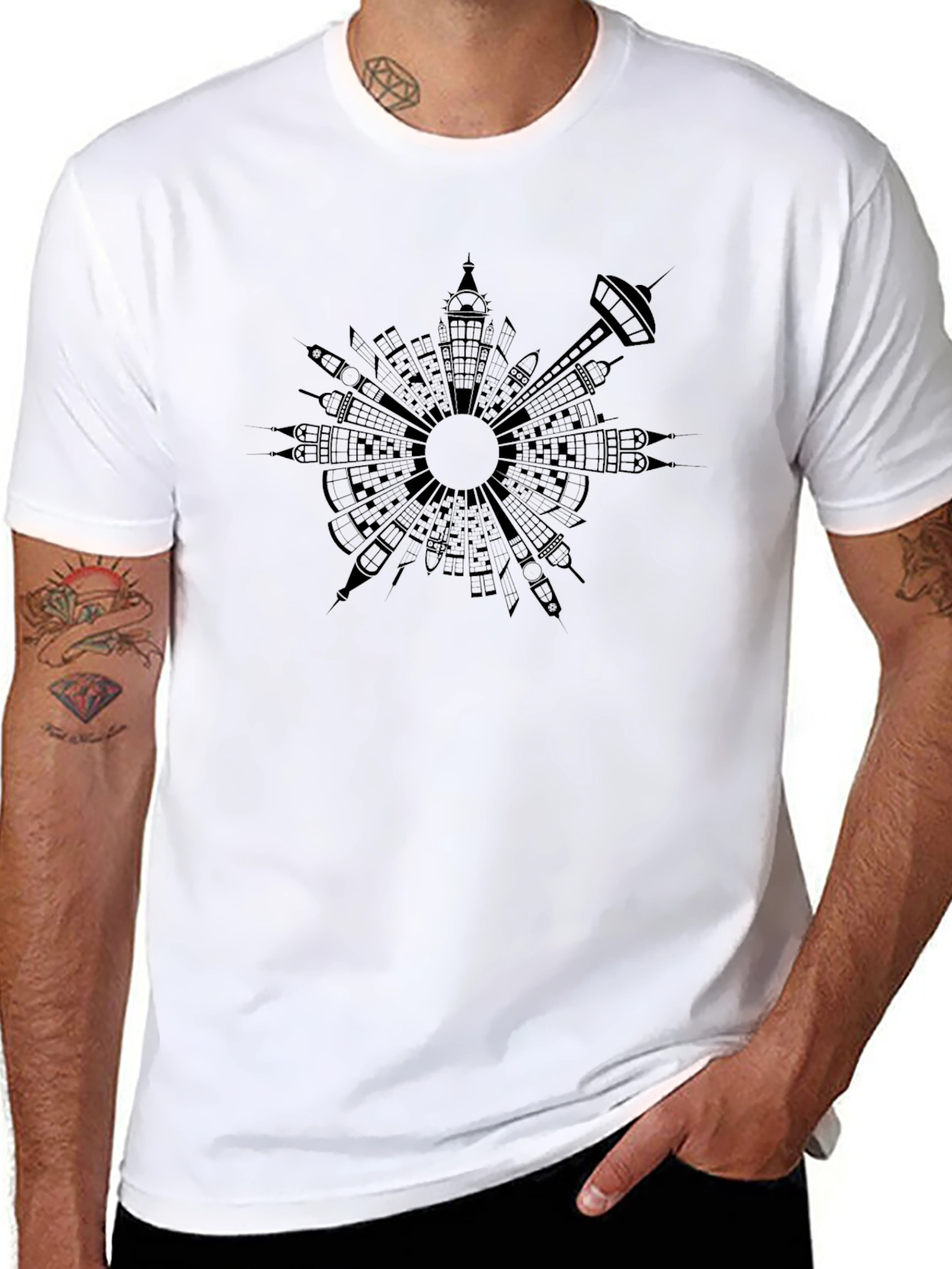 Black T-Shirt with Cityscape Circle Design