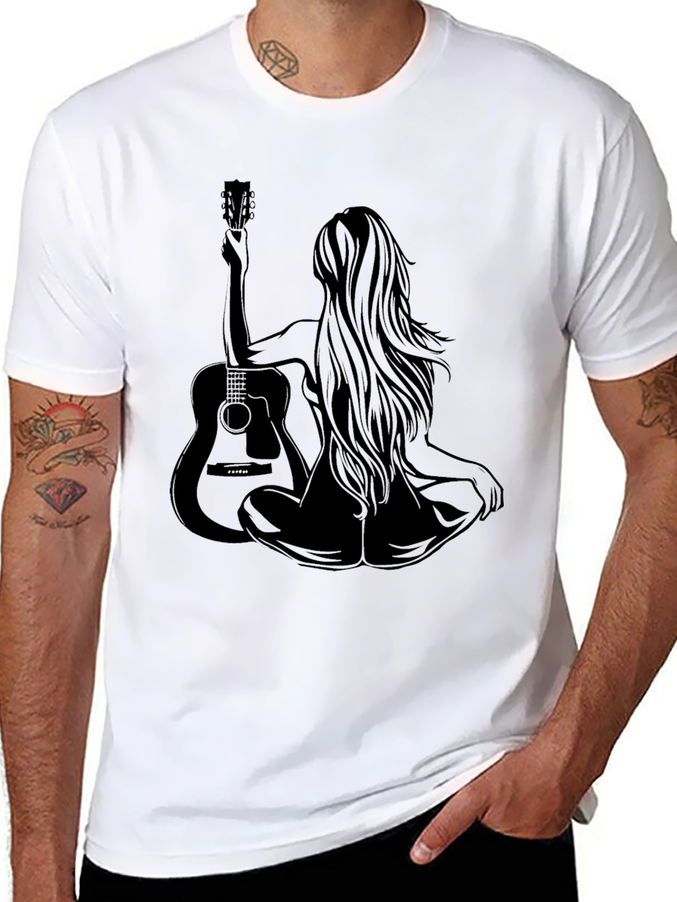 Woman & Guitar Graphic Print Black T-Shirt