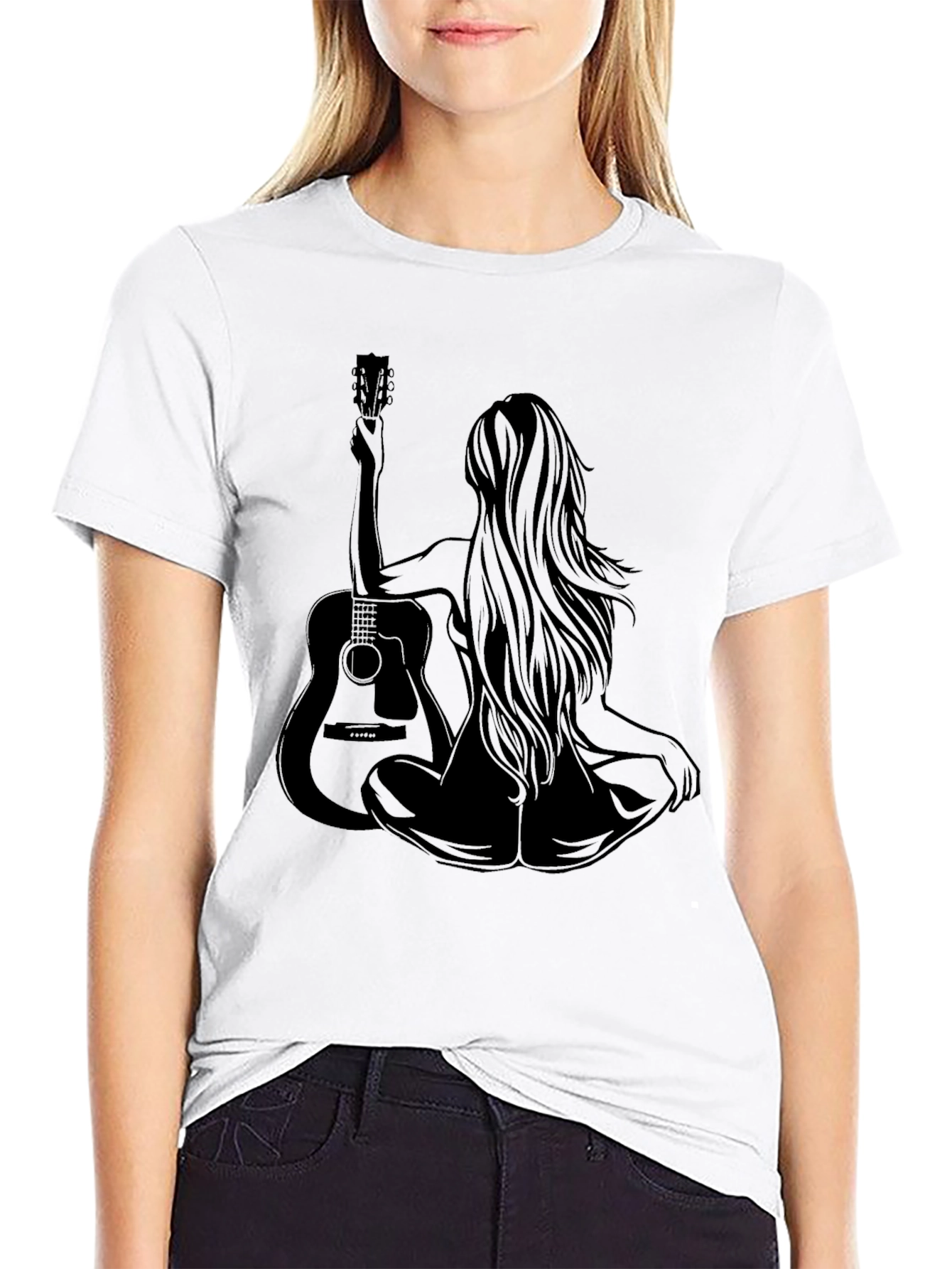 Woman & Guitar Graphic Print Black T-Shirt
