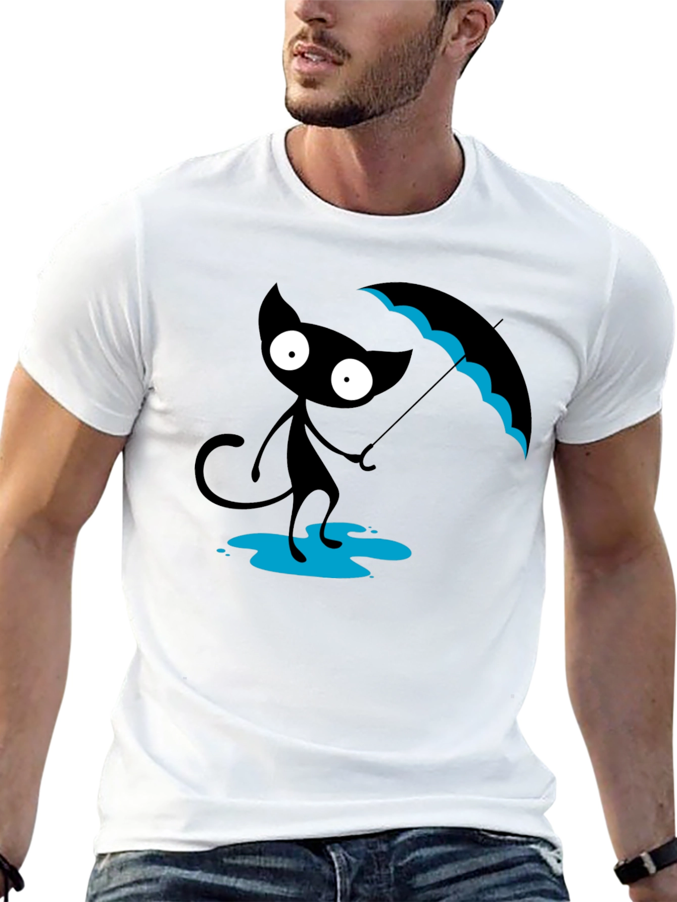 Black Cat with Umbrella T-Shirt