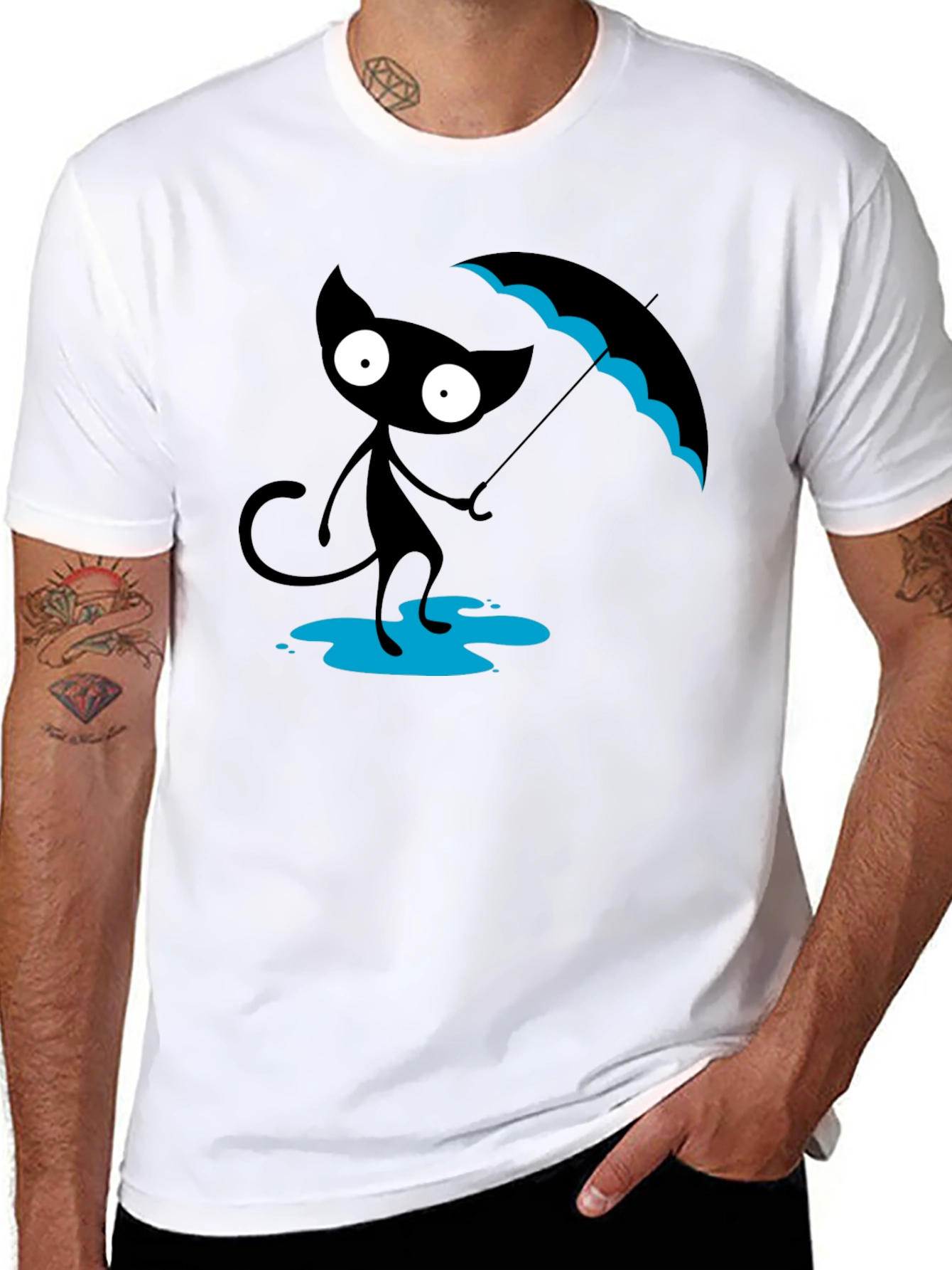 Black Cat with Umbrella T-Shirt