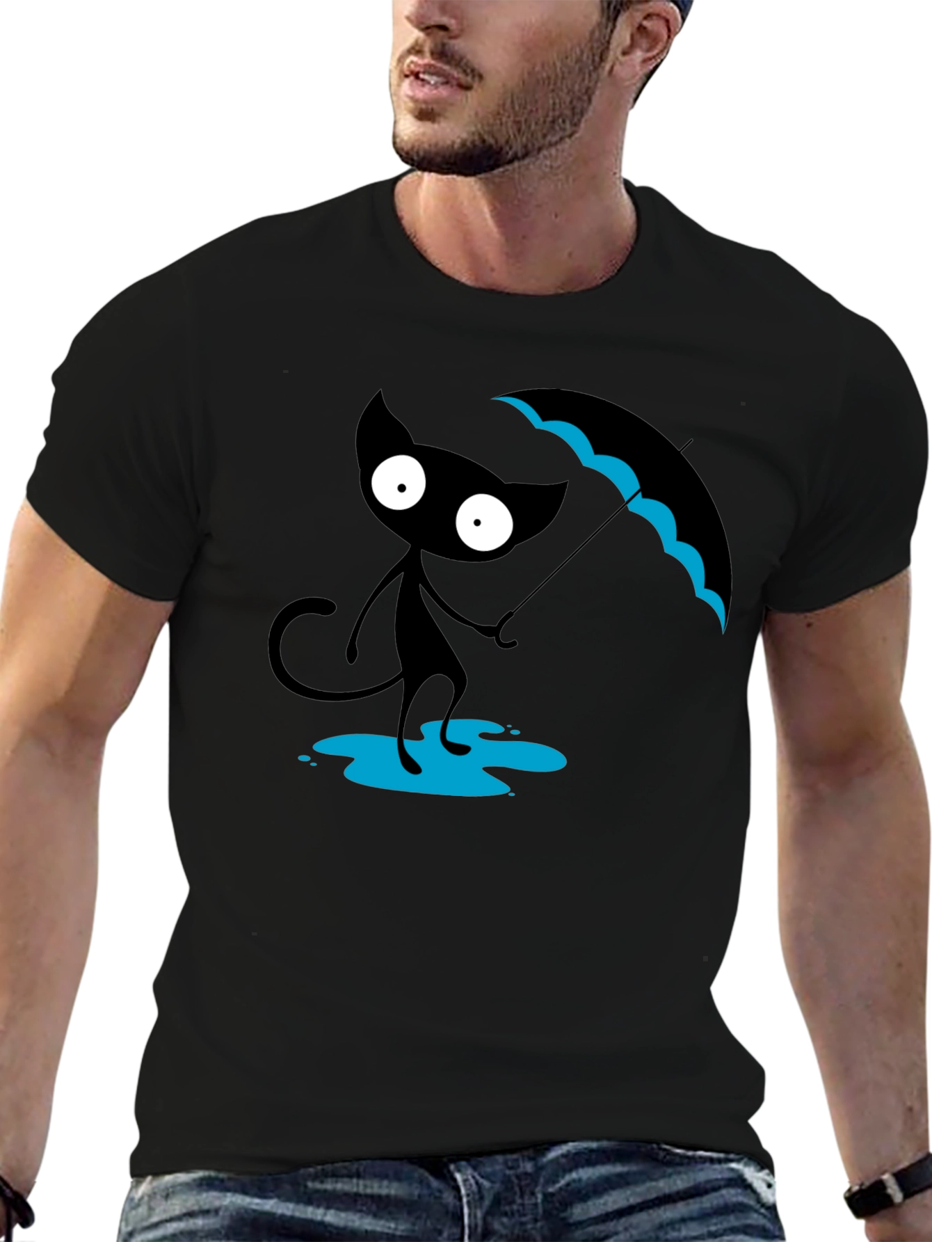 Black Cat with Umbrella T-Shirt