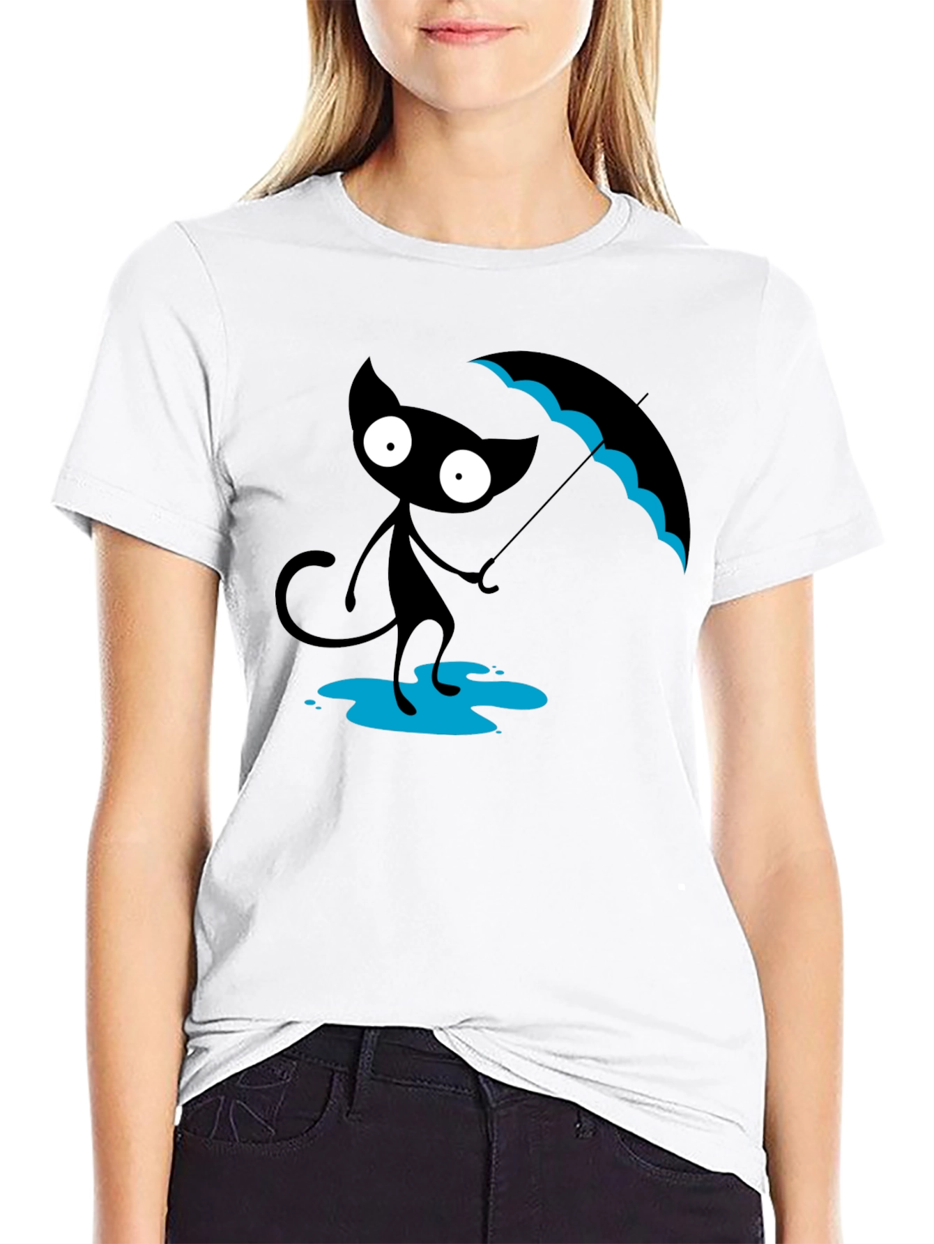 Black Cat with Umbrella T-Shirt