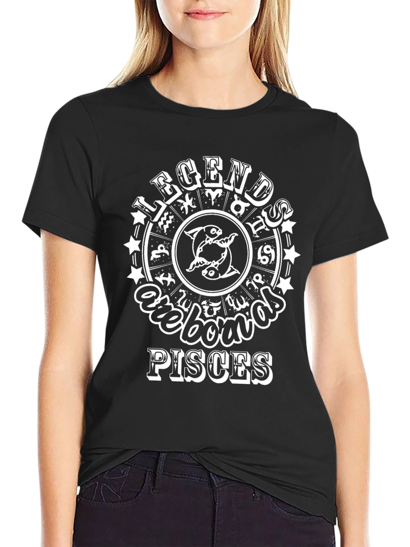 Legends Born as Pisces Black Graphic T-Shirt