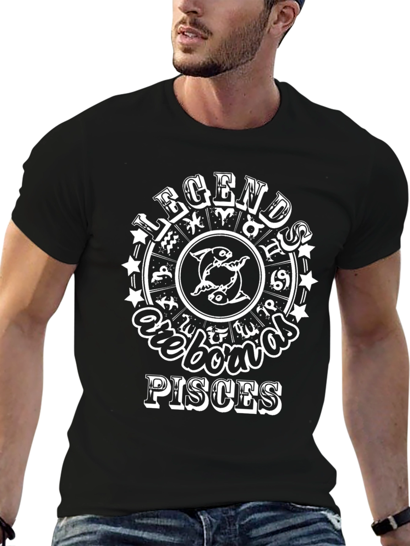 Legends Born as Pisces Black Graphic T-Shirt