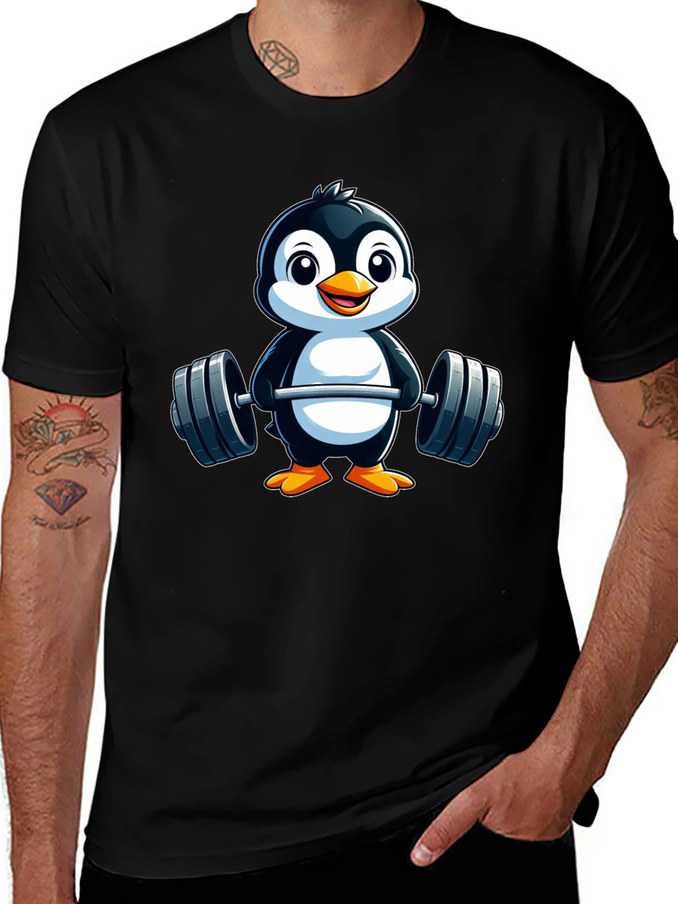 Penguin Lifting Weights Graphic Tee - Black