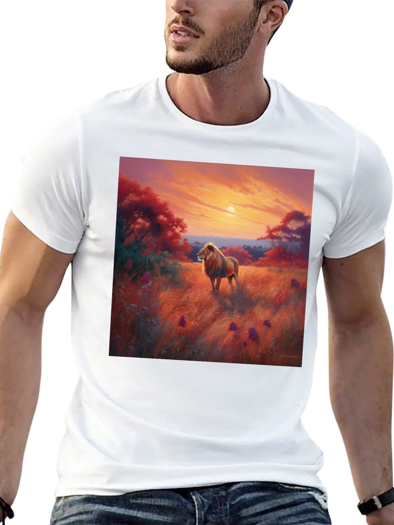 Lion Sunset Graphic Tee - Nature Inspired T-Shirt