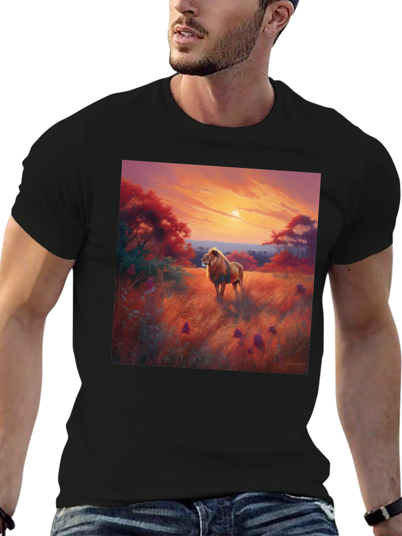 Lion Sunset Graphic Tee - Nature Inspired T-Shirt
