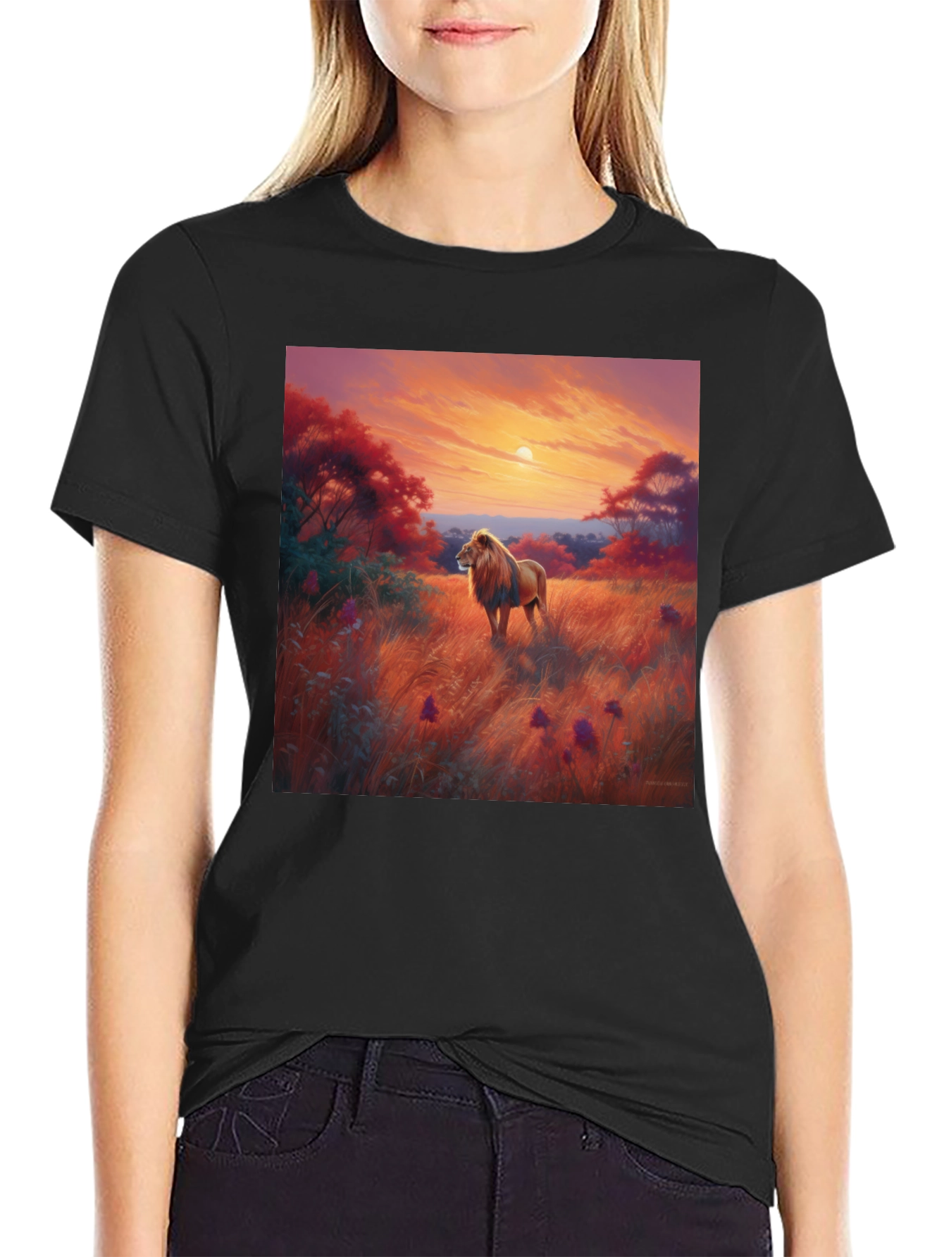 Lion Sunset Graphic Tee - Nature Inspired T-Shirt