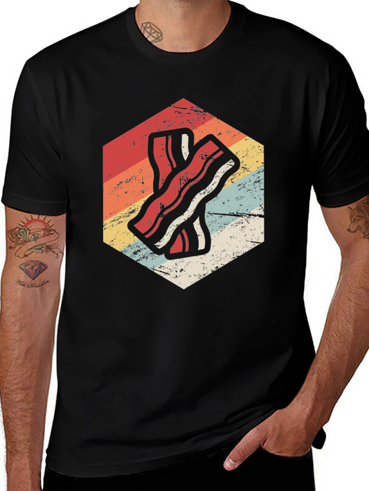 Retro Bacon Strip Graphic Tee - Black Cotton Shirt