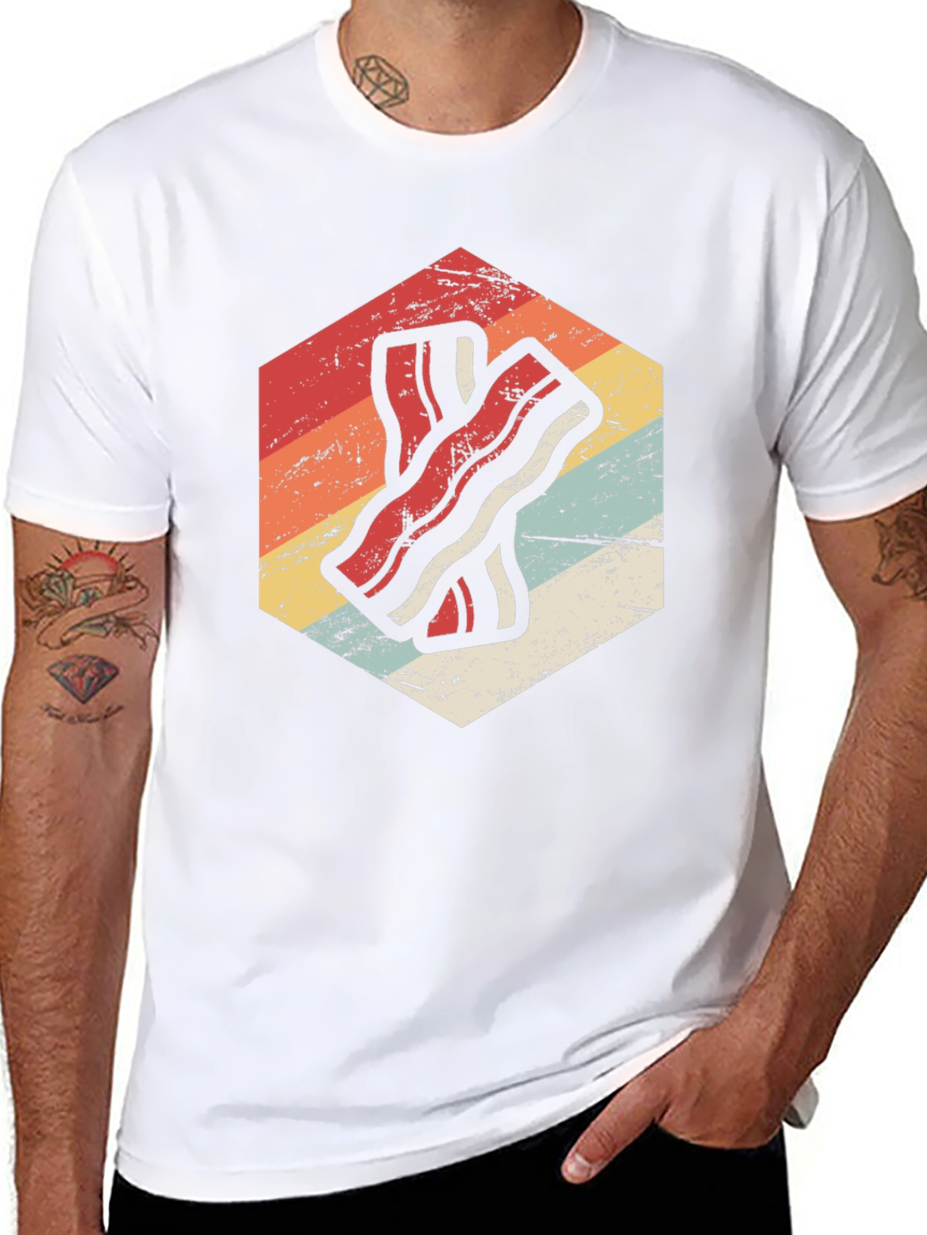 Retro Bacon Strip Graphic Tee - Black Cotton Shirt