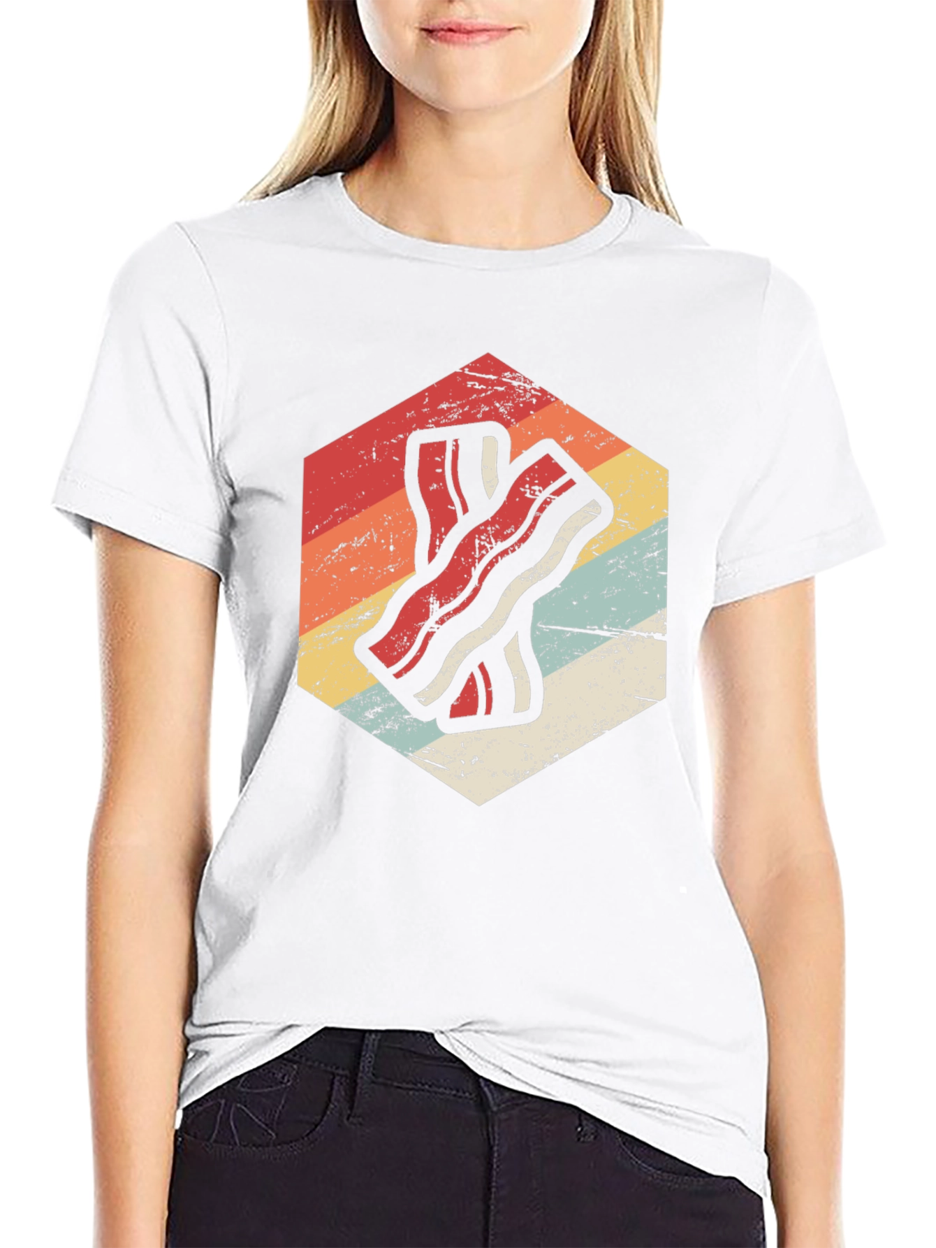 Retro Bacon Strip Graphic Tee - Black Cotton Shirt