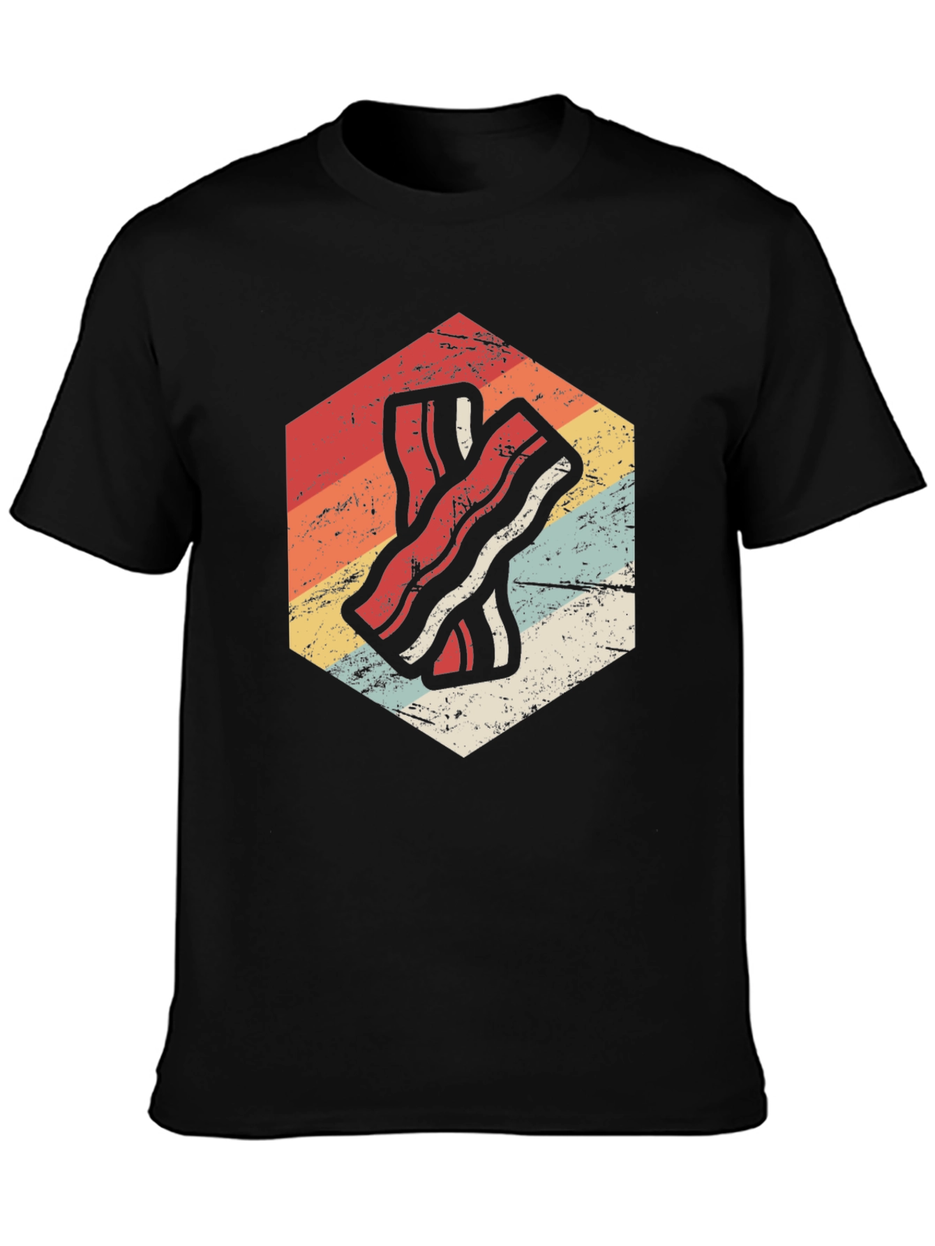 Retro Bacon Strip Graphic Tee - Black Cotton Shirt