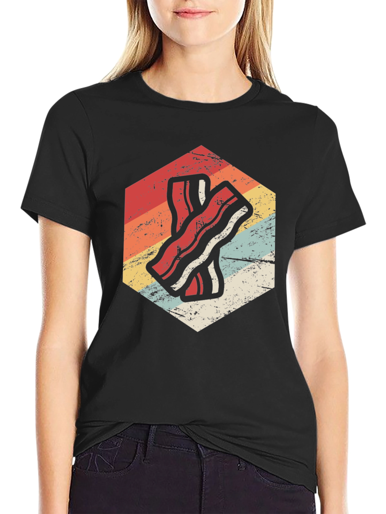 Retro Bacon Strip Graphic Tee - Black Cotton Shirt