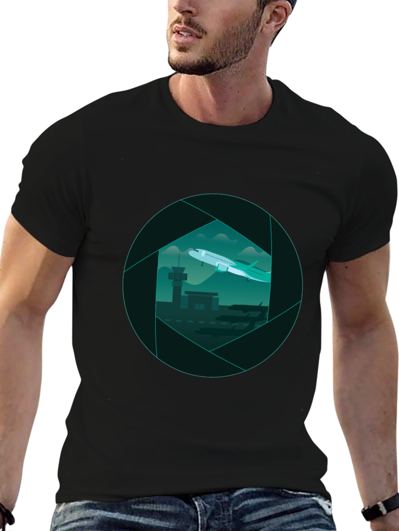 Airport View Graphic Tee - Black Cotton T-Shirt