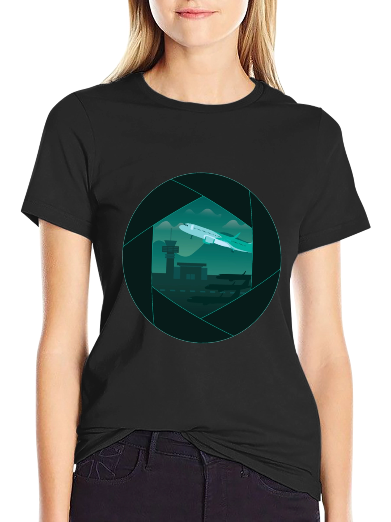 Airport View Graphic Tee - Black Cotton T-Shirt