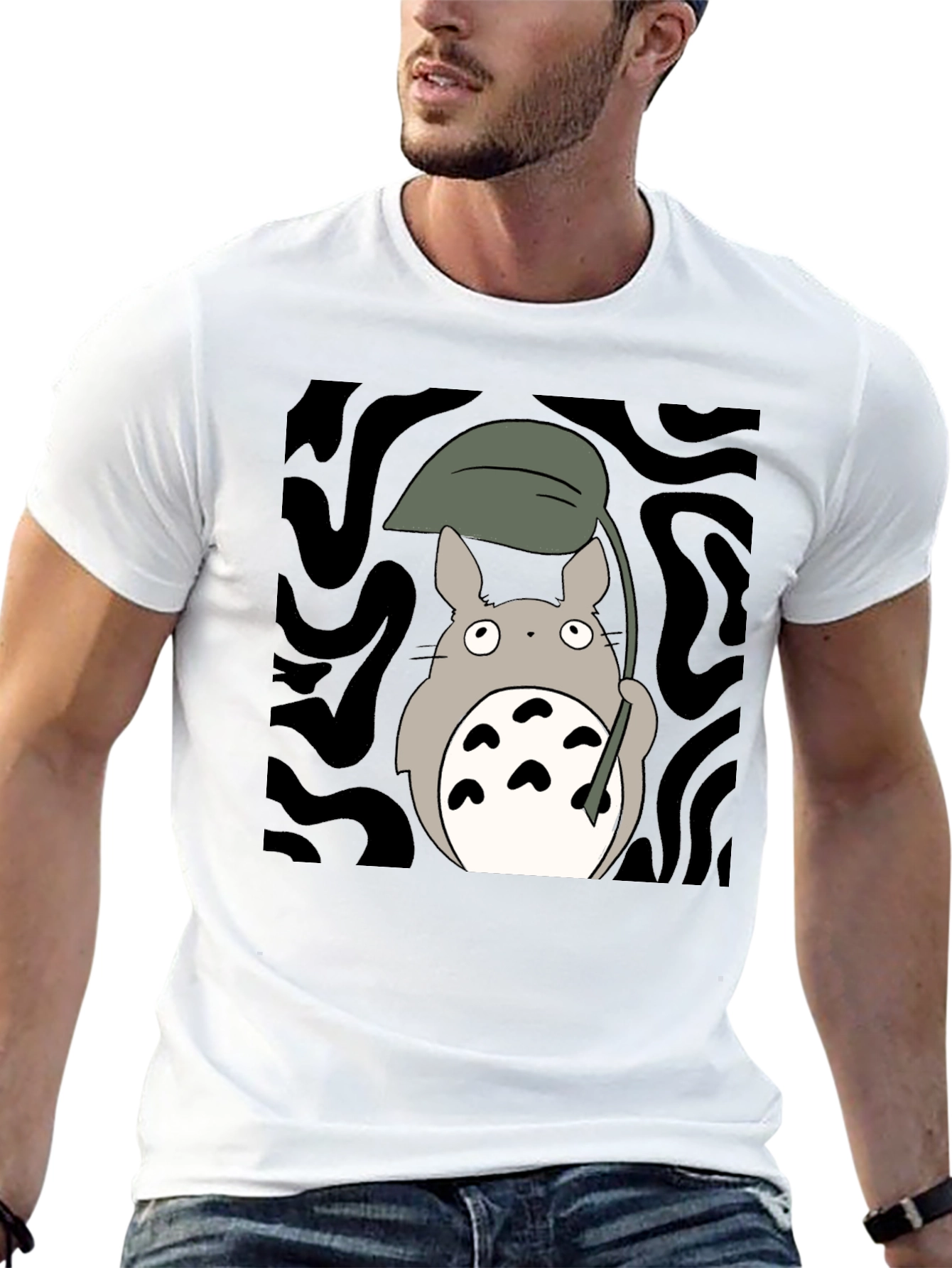 Totoro Leaf Umbrella Black T-Shirt