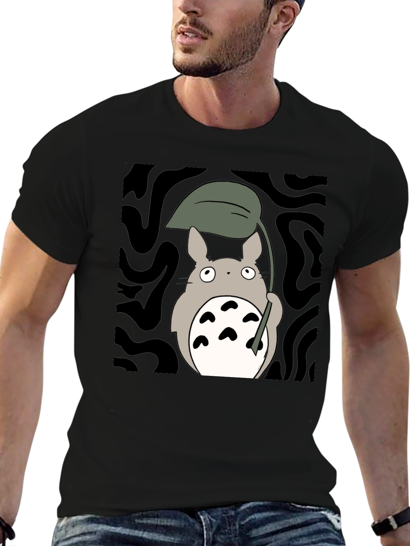 Totoro Leaf Umbrella Black T-Shirt