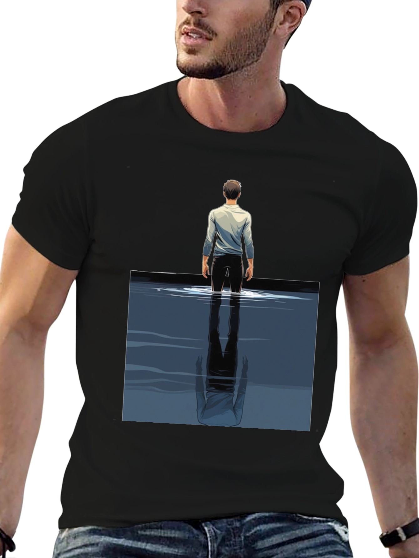 Reflective Water Graphic Tee - Stylish Mens Black T-Shirt