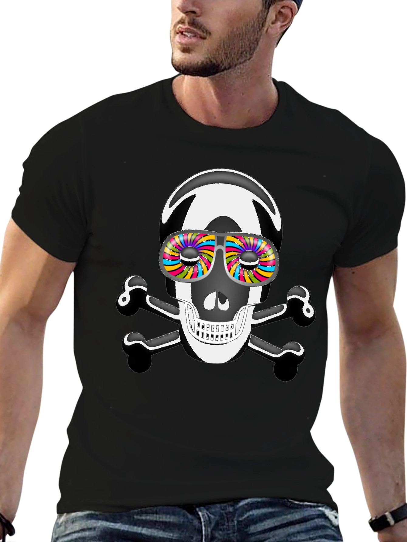 Skull & Crossbones T-Shirt with Psychedelic Glasses