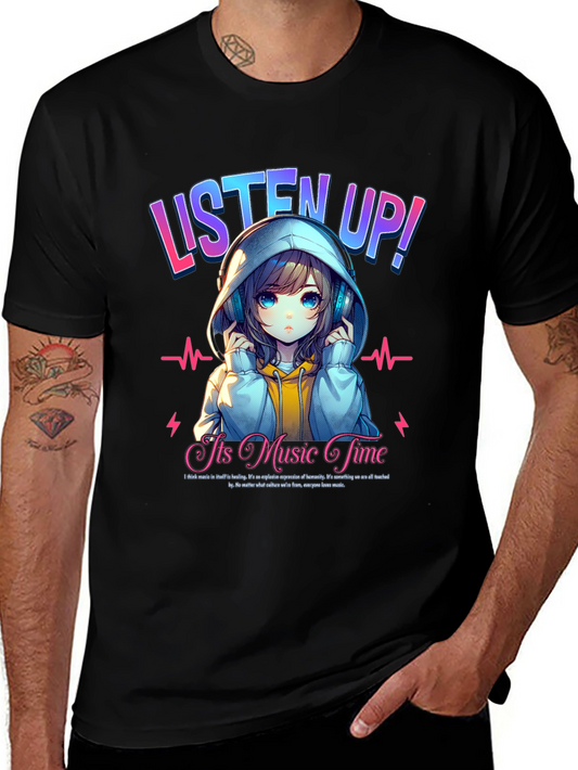 Anime Girl Listen Up! Black Graphic Tee