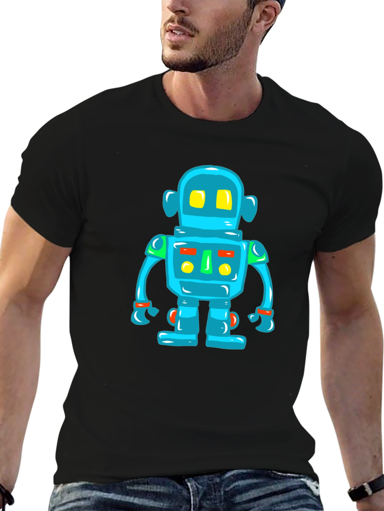 Fun Robot Graphic Tee - Black Cotton T-Shirt