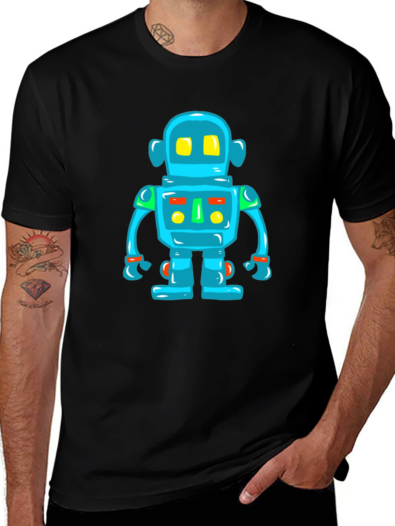 Fun Robot Graphic Tee - Black Cotton T-Shirt