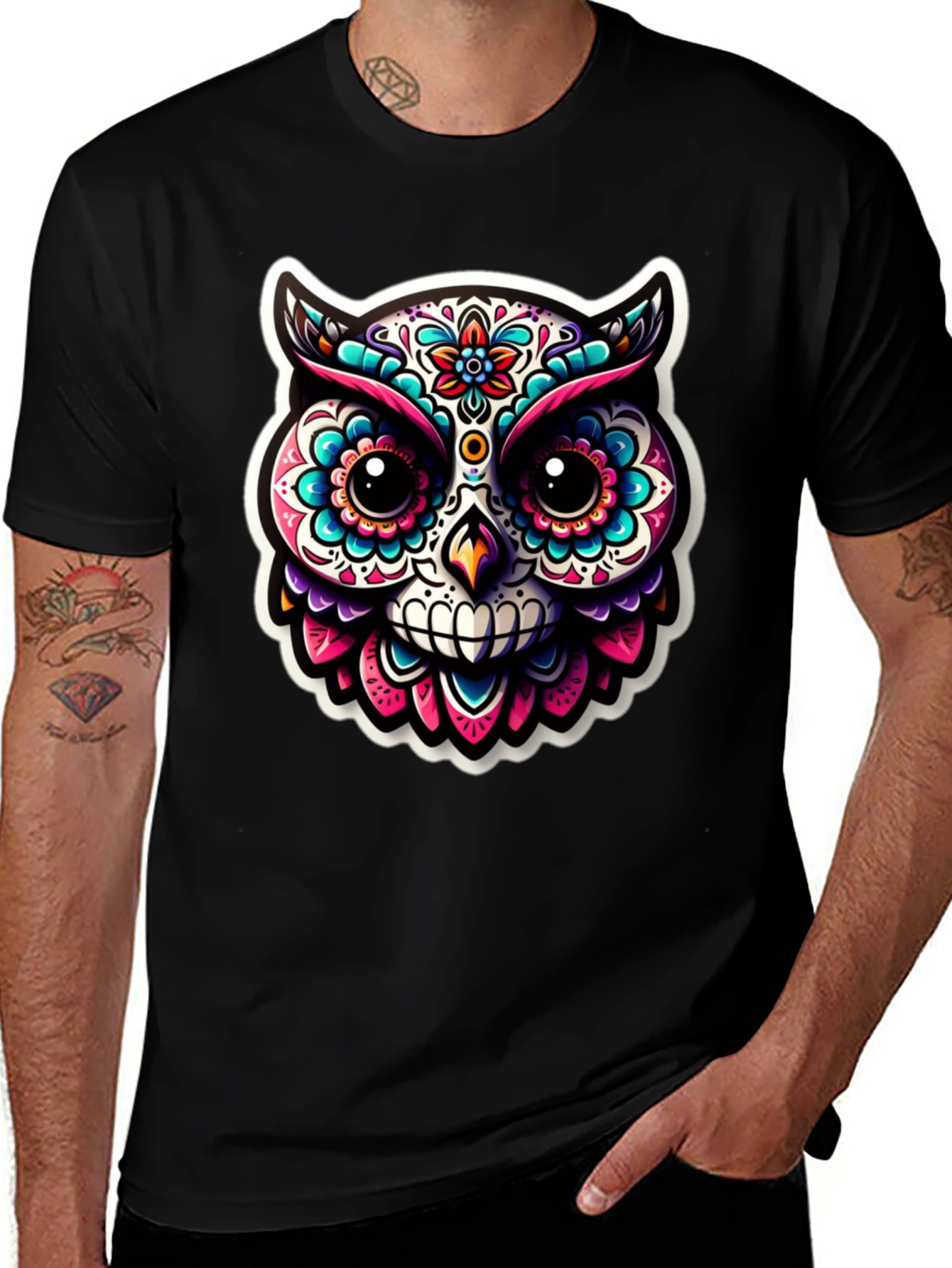Sugar Skull Owl Graphic T-Shirt - Black