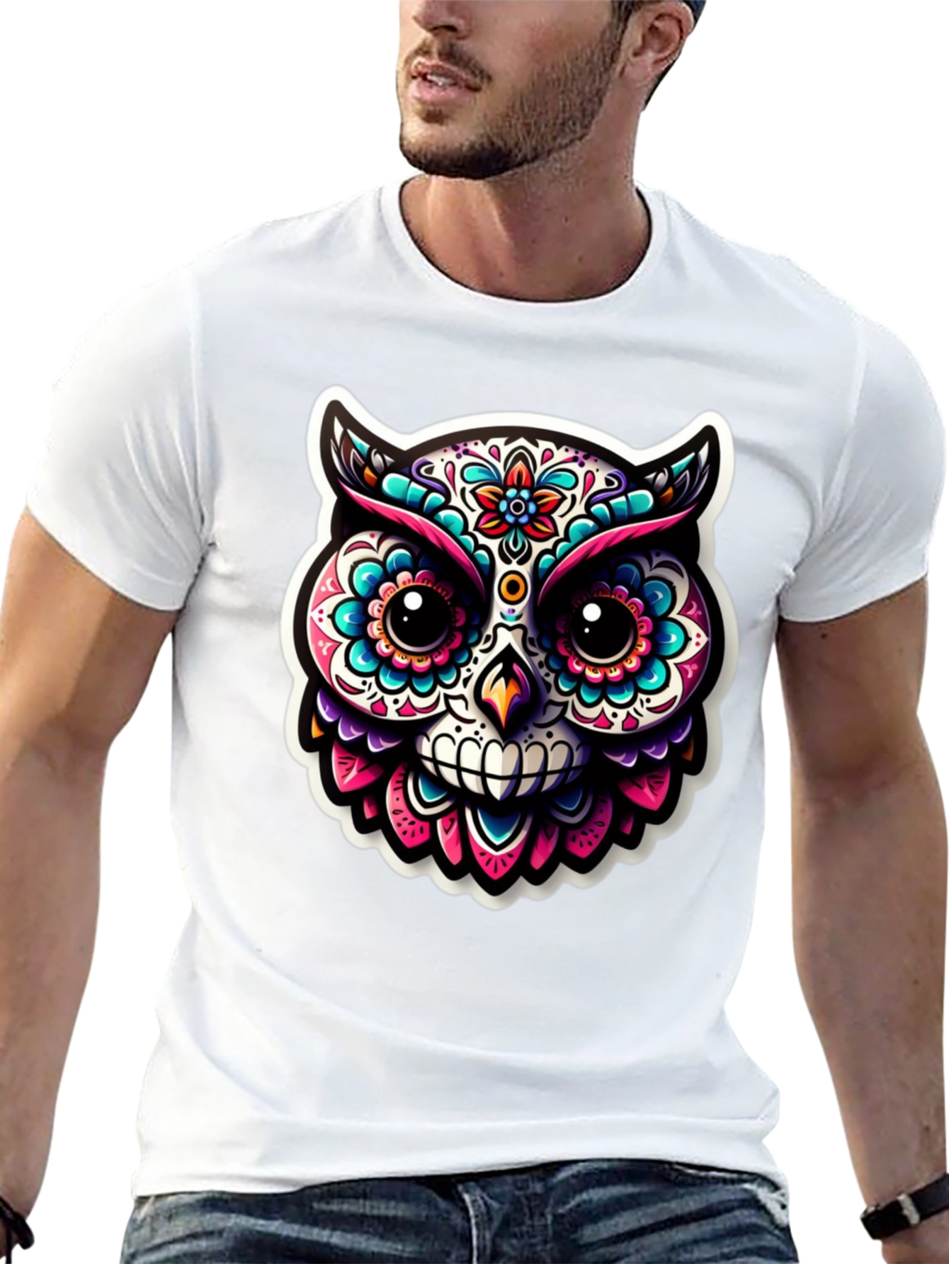 Sugar Skull Owl Graphic T-Shirt - Black
