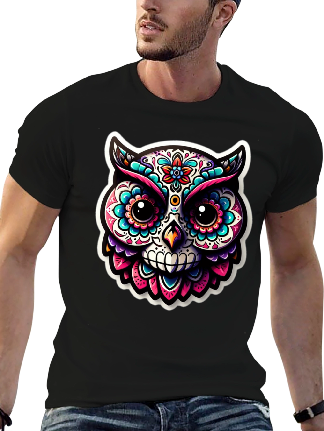 Sugar Skull Owl Graphic T-Shirt - Black