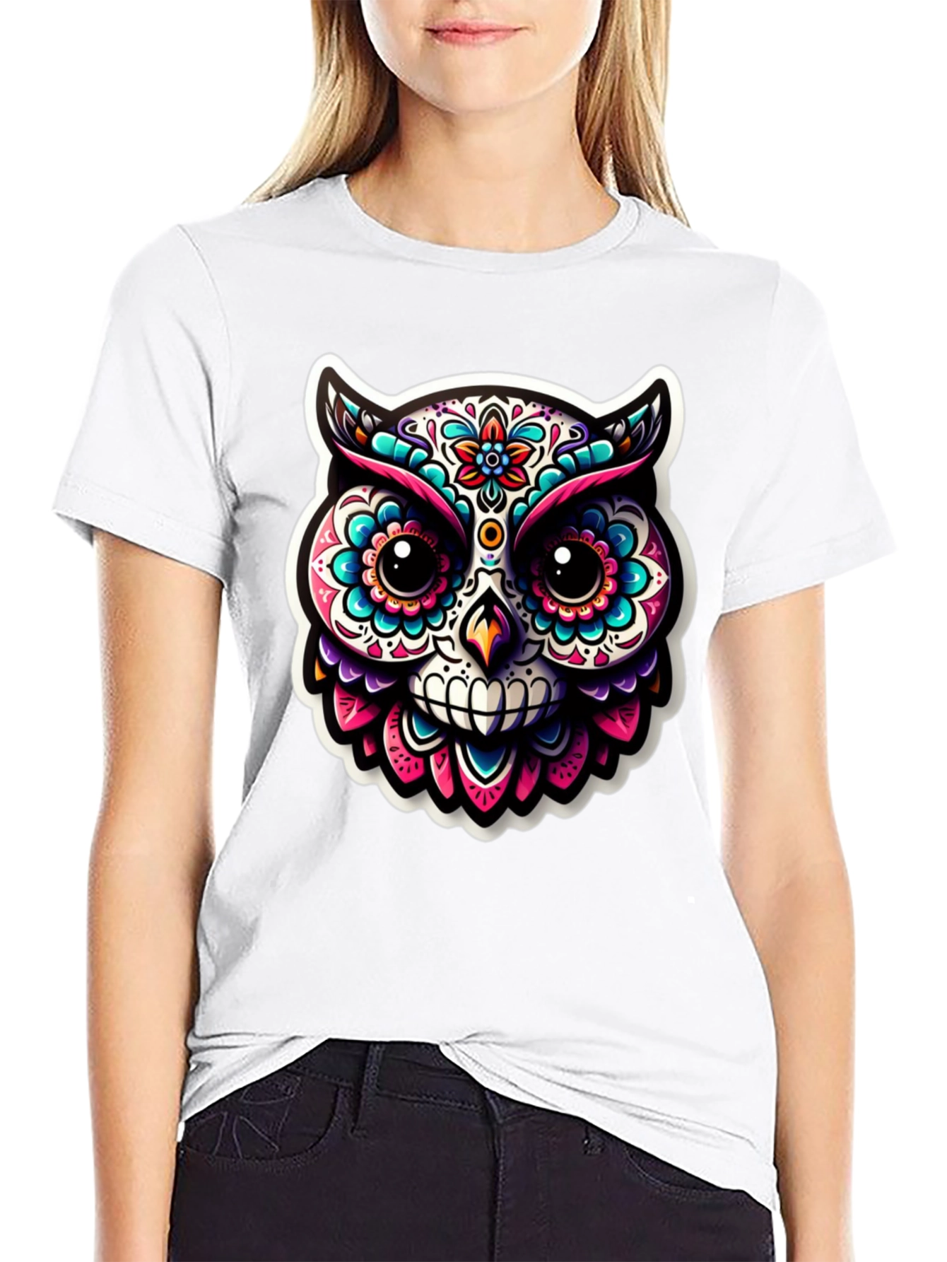 Sugar Skull Owl Graphic T-Shirt - Black