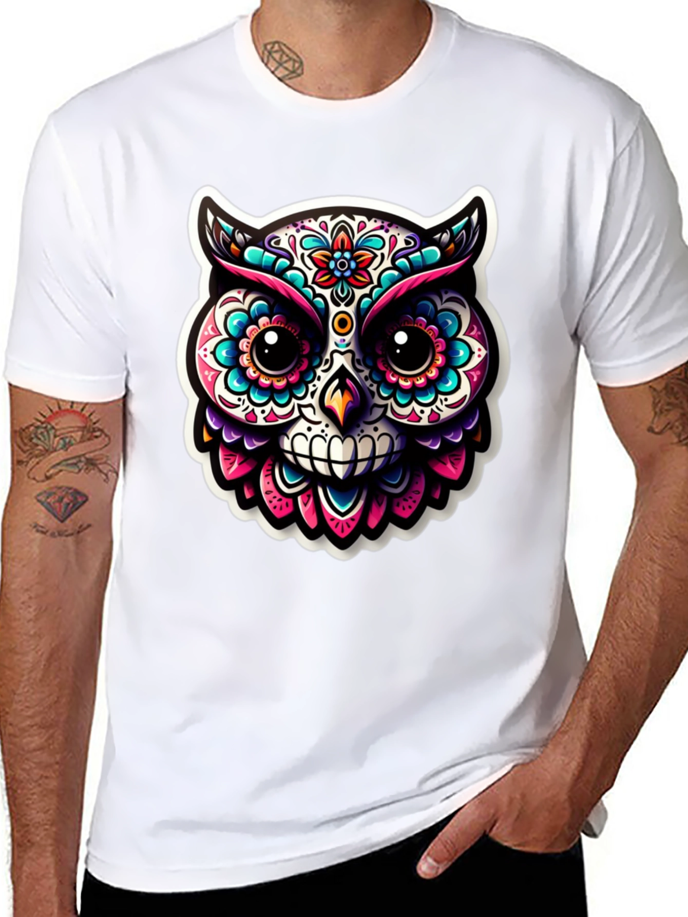 Sugar Skull Owl Graphic T-Shirt - Black