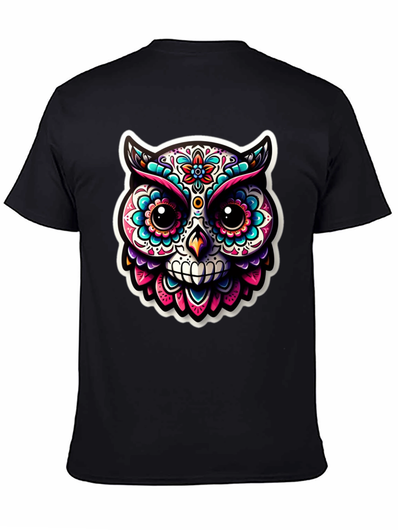 Sugar Skull Owl Graphic T-Shirt - Black