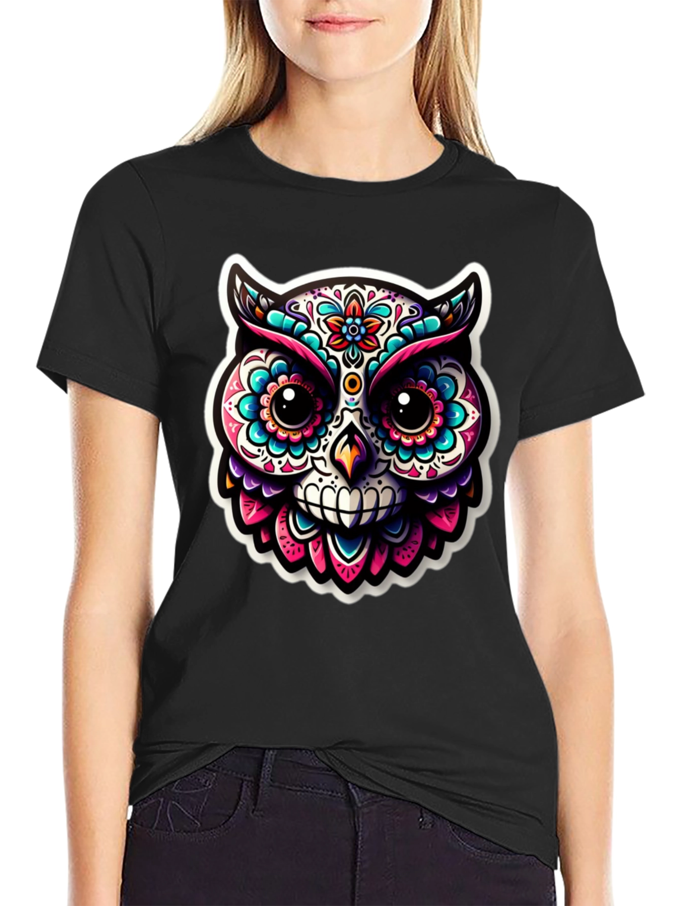 Sugar Skull Owl Graphic T-Shirt - Black