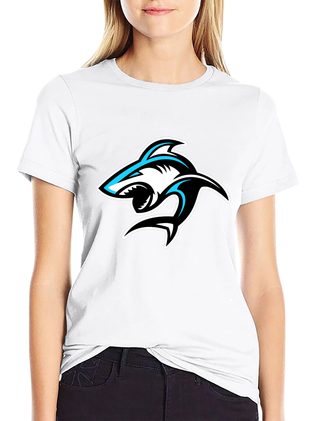 Shark Graphic Print Crew Neck T-Shirt - Black