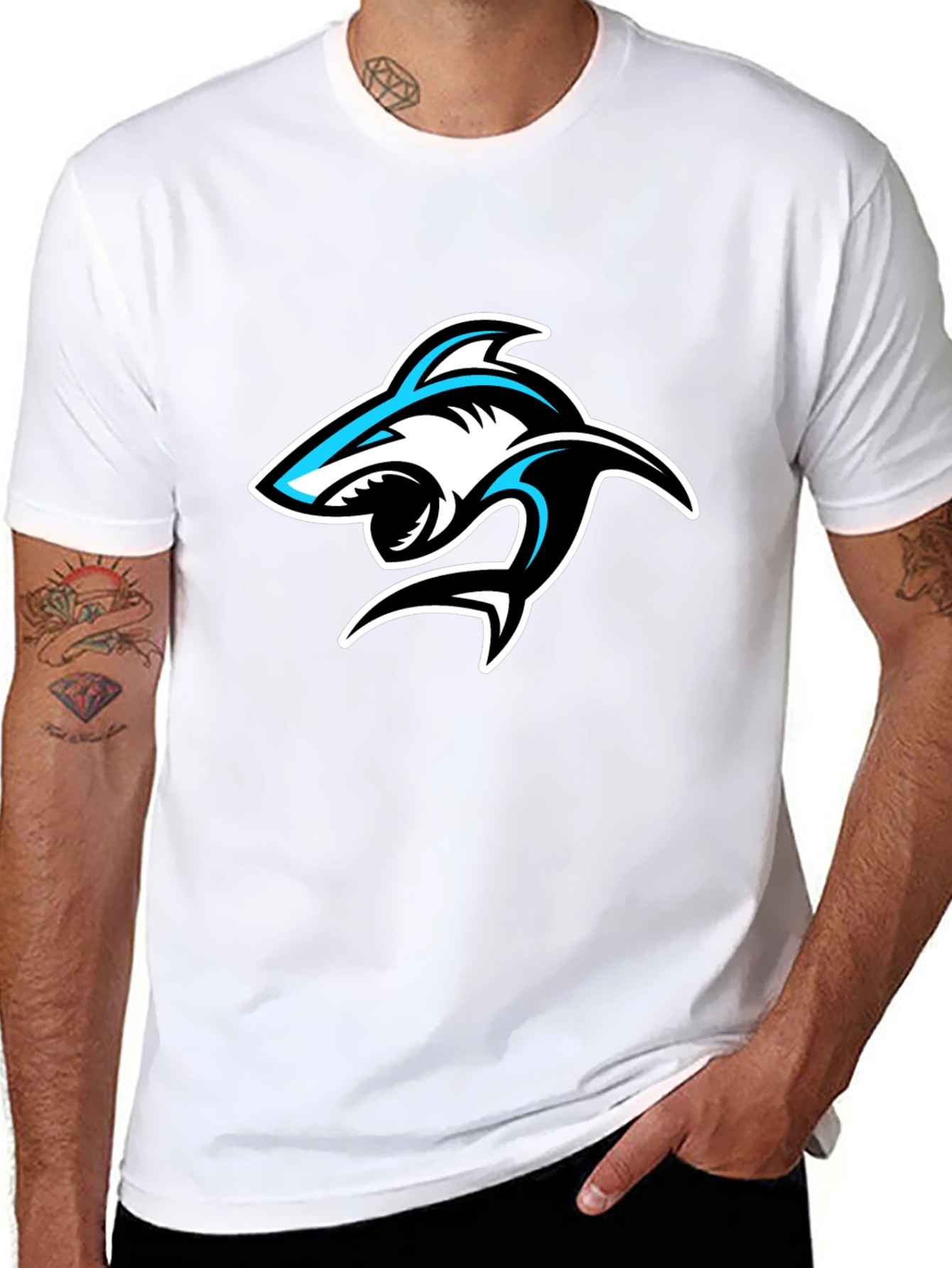 Shark Graphic Print Crew Neck T-Shirt - Black